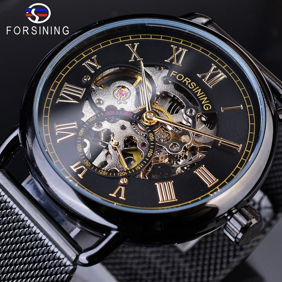 Forsining 2019 Gouden Romeinse Nummer Fashion Black Mesh Riem Skelet Klok Mannelijke Mechanische Horloges voor Mannen Top Merk Luxe