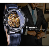 Winnaar Fashion Mannen Zwarte Hand Wind Mechanische Horloge Strass Skelet Romeinse Analoge Lederen Band Zakelijke Lichtgevende Mannelijke Klok