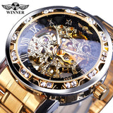 Winnaar Gouden Horloges Classic Rhinestone Klok Romeinse Analoge Mannelijke Skelet Klokken Automatische Mechanische Roestvrij Stalen Band Horloge