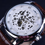 Winnaar Skeleton Ontwerp Bruin Lederen Band Silver Case Mannen Diamanten Horloge Mannen Luxe Merk Automatische Polshorloge Relogio Masculino