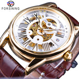 Forsining Officiële Exclusieve Verkoop Zwart Lederen Fashion Romeinse Nummer Ontwerp mannen Automatic Skeleton Horloges Golden Dial