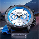 Jaragar Sport Racing Ontwerp Zwart Lederen Blauw 3 Wijzerplaat Leger Mechanische Mens Automatische Horloge Topmerk Luxe Klok