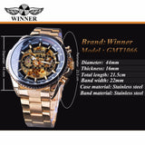 Winnaar Steampunk Fashion Hip Hop Ontwerp Golden Rvs Versnelling Beweging Mannen Skeleton Horloge Top Brand Luxe Automatische