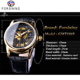 Forsining Officiële Exclusieve Verkoop Zwart Lederen Fashion Romeinse Nummer Ontwerp mannen Automatic Skeleton Horloges Golden Dial