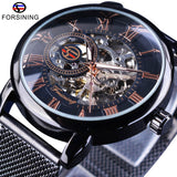 Forsining Mode Mannen Mechanische Horloge Skeleton Slim Romeinse Wijzerplaat Mesh Roestvrij Stalen Band Horloge Bedrijf Mannelijke Horloges Gift