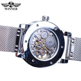 Winnaar Mens Zakelijke Horloges Zilver Rhinestone Crystal Romeinse Stalen Mesh Slim Strap Klok Mechanische Kant Wind Relogio Masculino