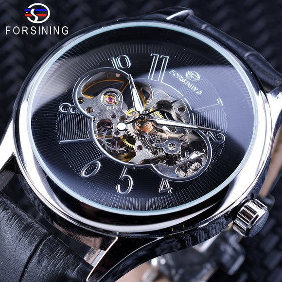 Forsining 2018 Zwart Horloge mannen Mechanische Horloges Creatieve Skelet Klok Top Brand Luxe Lichtgevende Handen Mannelijke Polshorloge