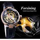 Forsining Fashion Vrouwen Diamond Skeleton Display Design Waterdichte Luxe Lady Automatische Horloges Lichtgevende Handen Echt Leer