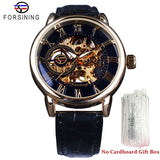 Forsining 3d Logo Ontwerp Holle Graveren Black Gold Case Leather Skeleton Mechanische Horloges Mannen Luxe Merk Heren Horloge