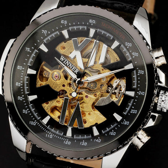 2015 Nieuwe Skeleton Horloges Mannen Luxe Merk Tachymeter Automatische Romeinse Skeleton Mechanische Gear Rvs Case Relogio