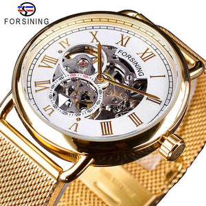 Forsining 2019 Mens Mechanische Horloges Top Merk Luxe Classic Golden Mesh Band Wit Kleine Wijzerplaat Waterdichte Skeleton Klok Mannelijke