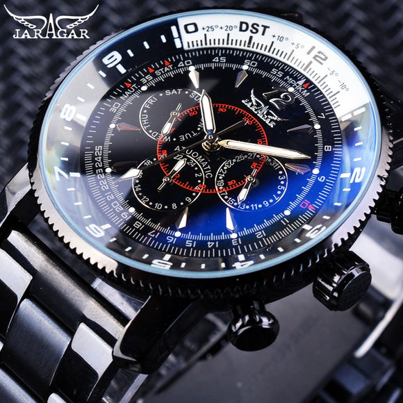 Jaragar Fashion Lichtgevende Handen Militaire Sport Ontwerp Zwart Rvs Heren Mechanische Automatische Horloge Top Merk Luxe