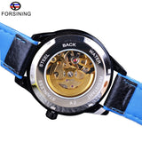 Forsining Blauw Lederen Militaire Automatische Sport Horloge Transparante Open Werk Skeleton Mannen Horloge Topmerk Luxe