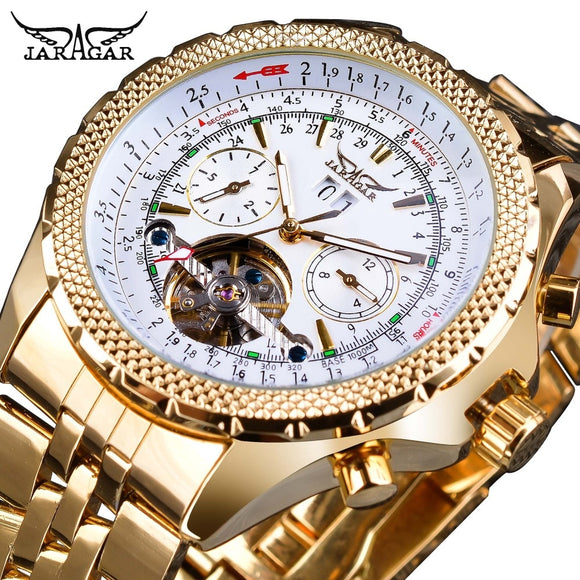 Jaragar Golden Rvs Tourbillion Ontwerp Kalenderweergave Heren Horloges Top Brand Luxe Automatische Mechanische Horloge