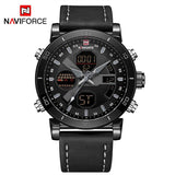 NAVIFORCE Mannen Dual Display Quartz Horloge mannen Goud Lederen Militaire Sport Klok Mannelijke LED Analoge Digitale Horloge Relogio Masculino