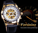 Forsining Luxe Automatic Mens Mechanische Horloge Skeleton Black Golden Retro Lichtgevende Handen Lederen Band Top Merk Man Horloges