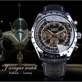 Jaragar Automatic Mens Sport Horloges Pilot Militaire Mechanische Self-Wind Zwarte Lederen Fashion Horloge Mannelijke Relogio Masculino