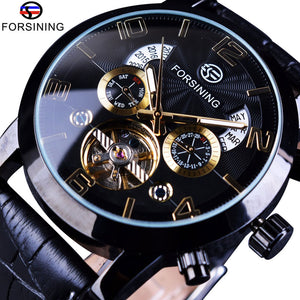 Forsining Tourbillion Zwart Gouden Wave Dial Fashion Casual Ontwerp Mannen Horloge Top Brand Mechanische Automatische Horloge Voor Mannen