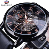 Forsining 3d Logo Ontwerp Holle Graveren Black Gold Case Leather Skeleton Mechanische Horloges Mannen Luxe Merk Heren Horloge