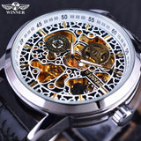 Wiinner Chinese Stijl Golden Skelet Binnen Silver Case Zwarte Lederen Band Luxe Merk Horloges Mannen Automatische Mechanische Horloge