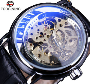 2016 Forsining Luxe Blauw Glas Black Lederen Band Half Skeleton Ontwerp Silver Case Mannen Horloges Topmerk Luxe Horloge