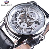 Forsining Officiële Exclusieve Verkoop Zwart Lederen Fashion Romeinse Nummer Ontwerp mannen Automatic Skeleton Horloges Golden Dial