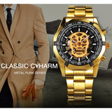 Winnaar Steampunk Mannen 3D Lichtgevende Schedel Ontwerp Gouden Staal Mens Waterdicht Automatic Skeleton Horloge Topmerk Luxe Klok