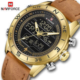 NAVIFORCE 9144 Mannen Mode Gold Sport Horloges Mens LED Digitale Quartz Horloge Militaire Lederen Analoge Klok Relogio Masculino