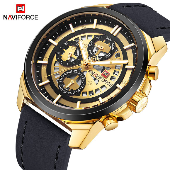 NAVIFORCE Mannen Gold Quartz Horloge mannen Mode Leger Sport Horloges Mannelijke 24 Uur Lederen Waterdichte Klok Relogio Masculino