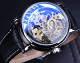 2016 Forsining Luxe Blauw Glas Black Lederen Band Half Skeleton Ontwerp Silver Case Mannen Horloges Topmerk Luxe Horloge