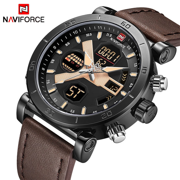 NAVIFORCE Mannen Dual Display Quartz Horloge mannen Goud Lederen Militaire Sport Klok Mannelijke LED Analoge Digitale Horloge Relogio Masculino