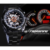 Forsining 2018 Racing Sport Klok Mannelijke Mode Zwart Roestvrij Staal Lichtgevende Handen mannen Mechanische Horloge Relogio Masculino