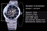 Forsining klassieke retro serie 3d logo display zilver rvs skeleton dial heren horloge topmerk luxe mechanische horloge