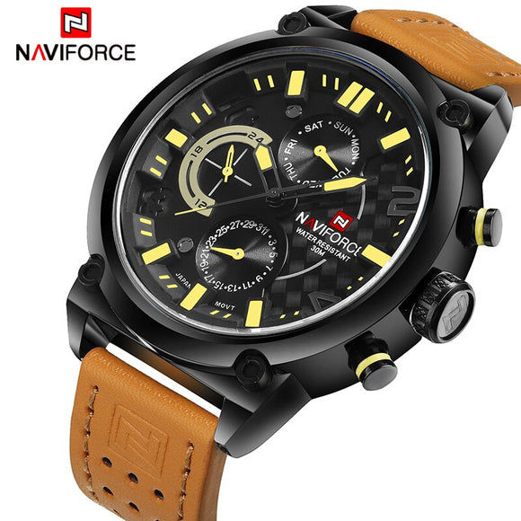 NAVIFORCE Topmerk Mannen Mode Lederen Sport Horloges mannen Waterdichte Datum Quartz Polshorloge Mannelijke Leger 24 Uur Analoge klok