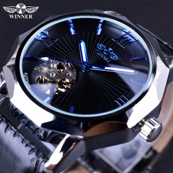 Winnaar Blauwe Oceaan Geometrie Ontwerp Transparant Skeleton Dial Heren Horloge Topmerk Luxe Automatische Mode Mechanische Horloge Klok