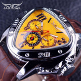 Jaragar Sport Fashion Design Geometrische Driehoek Case Bruin Lederen Band 3 Wijzerplaat Mannen Horloge Topmerk Luxe Automatische Horloge Klok