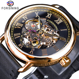 Forsining Golden Classic Versnelling Beweging Transparante Romeinse Retro Ontwerp Man Skeleton Mechanische Lederen Riem Mannen Polshorloge