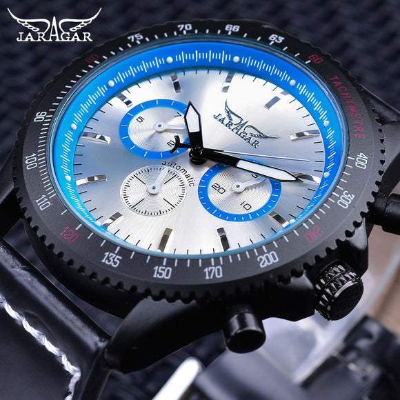 Jaragar Sport Racing Ontwerp Zwart Lederen Blauw 3 Wijzerplaat Leger Mechanische Mens Automatische Horloge Topmerk Luxe Klok