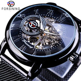 Forsining Mode Mannen Mechanische Horloge Skeleton Slim Romeinse Wijzerplaat Mesh Roestvrij Stalen Band Horloge Bedrijf Mannelijke Horloges Gift