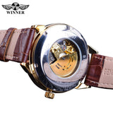 Winnaar Schedel Transparante Gouden Steampunk Ontwerp Bruin Lederen Riem Man Horloges Top Brand Luxe Automatische Horloges