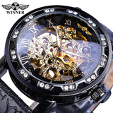 Winnaar Black Golden Retro Lichtgevende Handen Mode Diamant Display Mens Mechanisch Skeleton Horloges Topmerk Luxe Klok