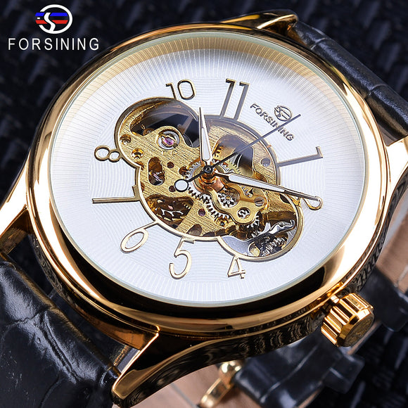 Forsining Skeleton Wit Golden Display Lichtgevende Handen heren Mechanische Horloge Transparant Case Opengewerkte relogio masculino