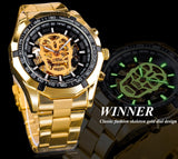 Winnaar Steampunk Mannen 3D Lichtgevende Schedel Ontwerp Gouden Staal Mens Waterdicht Automatic Skeleton Horloge Topmerk Luxe Klok