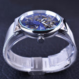 Forsining klassieke blauwe wijzerplaat display zilver rvs transparant case mens skeleton horloges topmerk luxe mechanische