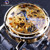 Forsining Retro Automatische Self-wind Horloges Fashion Gouden Zwart Display mannen Skeleton Horloges Top Brand Luxe Lichtgevende Handen