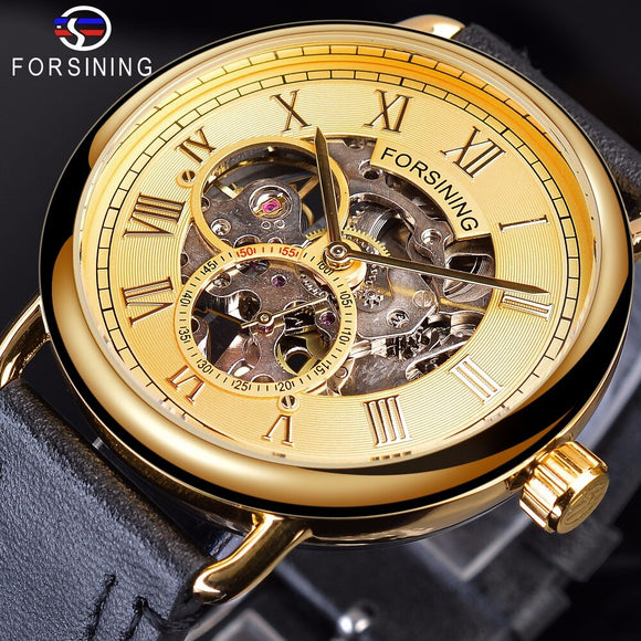 Forsining Golden Classic Versnelling Beweging Transparante Romeinse Retro Ontwerp Man Skeleton Mechanische Lederen Riem Mannen Polshorloge