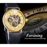 Forsining Golden Classic Versnelling Beweging Transparante Romeinse Retro Ontwerp Man Skeleton Mechanische Lederen Riem Mannen Polshorloge