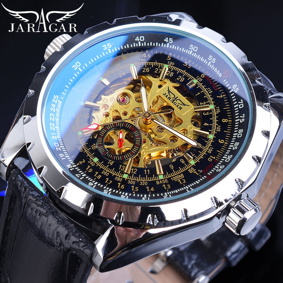 Jaragar Golden Skeleton Mens Horloge Automatische Self-Wind Silver Bezel Mechanische Sport Lederen Band Pols Relogio Mannelijke Klok Saat