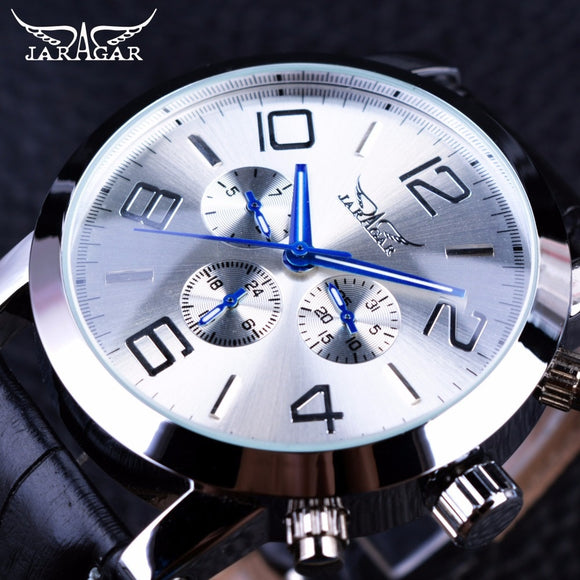 Jaragar 6 Blauwe Handen Display Mode Ontwerp Silver Case Mannen Horloges Topmerk Luxe Lederen Band Automatische Polshorloge