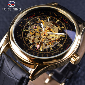 Forsining Retro Golden Rvs Creatieve Horloge mannen Horloges Luxe Mode Skelet Polshorloge Opengewerkte Klok Zwart Band